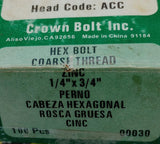 Crown Bolt 00030 Hex Bolt 1/4" x 3/4" Coarse Thread Zinc - Box of (100)
