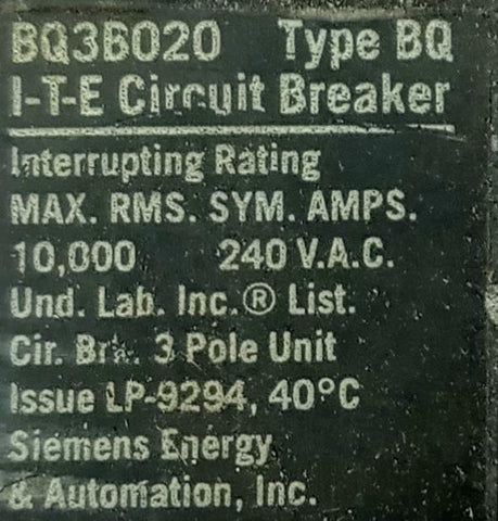 Siemens ITE BQ36020 2 Pole Circuit Breaker 20A 240V Bolt-On Mount 1 Ph