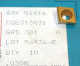10 New Ingersoll Carbide 78° Parallelogram Milling Inserts CDE313R31 GRD 301