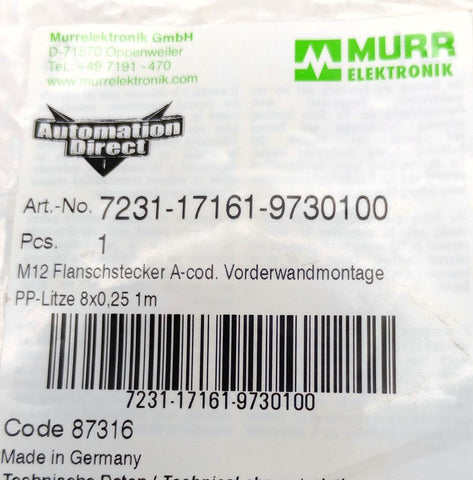 Murr Elektronik 7231-17161-9730100 M12 8-Pin Male To Pigtail Bulkhead Connector