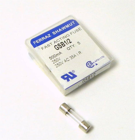 BRAND NEW PACK OF 5 FERRAZ SHAWMUT FAST ACTING FUSE 500MA 250V MODEL GSB1/2