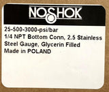 NoShok 25-500-3000 2.5" Glycerin Pressure Gauge 3000 PSI 1/4" NPT Bottom Mount