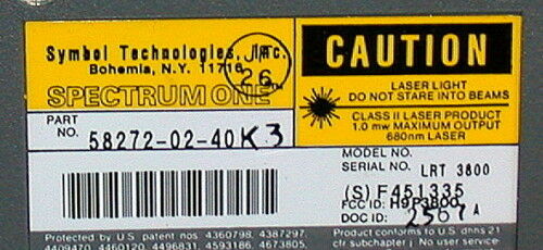 Spectrum Barcoding SYMBOL SPECTRUM ONE BARCODE SCANNER MODEL LRT 3800 ETR