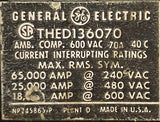 General Electric THED136070 3-Pole Circuit Breaker 70A 600VAC 3PH Bolt-On