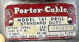 Porter-Cable Model 161 Vintage 1959 Drill 1/4" Cap 115V AC-DC 2A 2400RPM