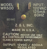 Z & L Inc. WR500  Class 2 AC Adapter Power Supply Unit 120VAC 125mA 60HZ
