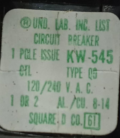 Lot of (2) Square D QO120 1 Pole Circuit Breaker 20A 120/240VAC