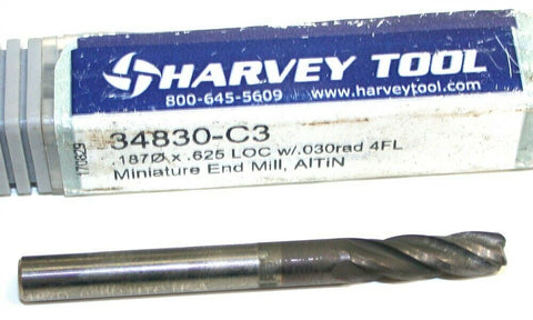 Harvey 3/16" Diameter 1/32" Corner Radius AlTiN Coated Carbide End Mill 34830-C3