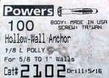 Box of (100) Powers 2102 Hollow Wall Anchors 1/8 L Poly For 5/8-1" Walls