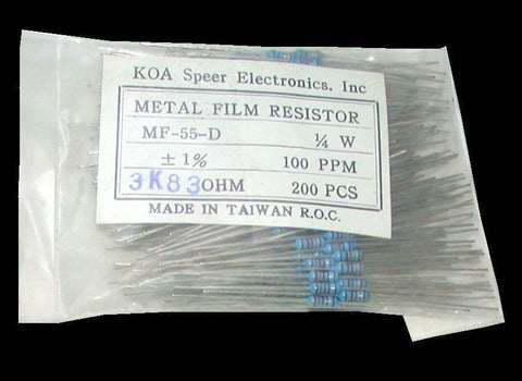 KOA SPEER ELECTRONICS MF-55-D PACK OF 200 NEW METAL FILM RESISTORS 3K83OHM 1/4 W