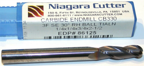 Up to 2 New Niagara Carbide 1/4" 3 Flute HSS TiAlN Coat Ball End Mill 86125