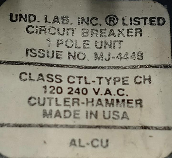 Cutler-Hammer CH120 1 Pole Circuit Breaker 20A 120/240VAC