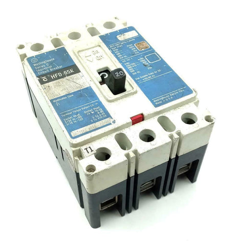 Westinghouse HFD3020L 3 Pole Circuit Breaker 20A 600VAC 3 Phase Feed Thru