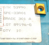 Lot of 10 New Ingersoll Carbide Tin Coated Milling Inserts SPE-33R01 301 A