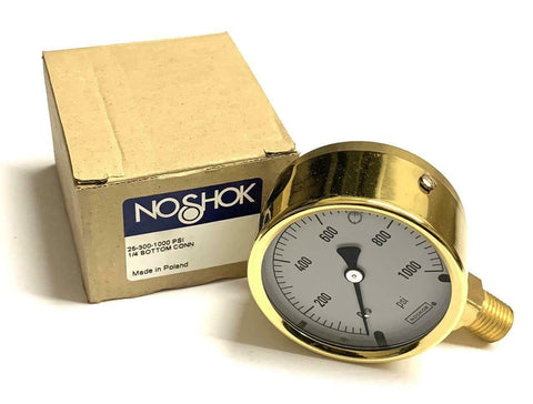NoShok 25-300-1000 Liquid Filled Pressure Gauge 1000 PSI 1/4" NPT Bottom Mount