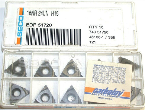 Lot of 10 New Seco Indexable Carbide Threading Inserts 16NR 24UN H15