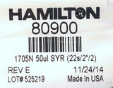 Hamilton 80900 1705N 50ul Syringe 22s Gauge 2" Point Style 2 Rev E