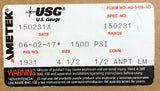 Ametek USG 150231X Liquid Filled Pressure Gauge 0-1500 PSI 1/2" NPT 4-1/2" Face