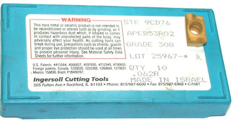 Lot of 8 New Ingersoll Carbide TiN Coated Milling Inserts APEB53R02 Grade 308