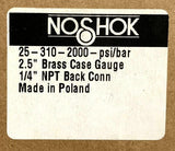 NoShok 25-310-2000 Liquid Filled Pressure Gauge 2000 PSI 1/4" NPT Back Mount