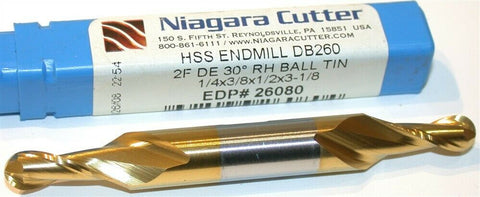 Niagara 1/4" 3/8" Shank 2 Flute HSS Double End TiN Coat Ball End Mill 26080 New