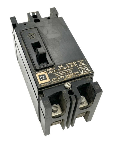 Lot of (2) Westinghouse EB2020 2-Pole Circuit Breaker 20A 240VAC 125/250VDC