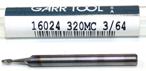 Garr Tool 2-Flute 3/64" Dia TiCN Carbide Spiral Flute Ball End 16024 New