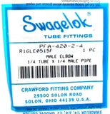 Swagelok PFA-420-2-4 Male Elbow R16LE0515F 1/4"x1/4" Tube-Male Pipe (Lot of 5)
