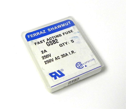 BRAND NEW PACK OF 5 FERRAZ SHAWMUT FAST ACTING FUSE 2A 250V MODEL GSB2 (8 AVAIL)