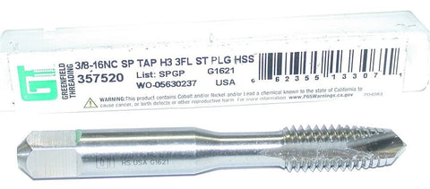 Greenfield 3/8"-16 H3 3-Flute Spiral point High Speed Steel Plug Tap 357520 New