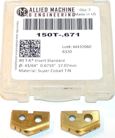 2 Allied Machine T-A 43/64" Carbide Coated Spade Drilling Insert 150T-.671