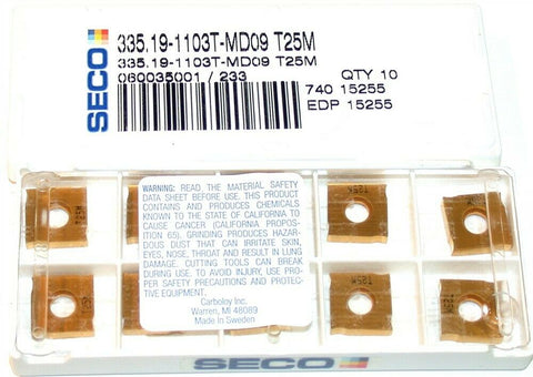 Lot of 10 New Seco Carbide Milling Inserts 335.19-1103T-MD09 T25M