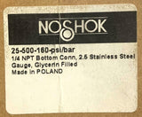 NoShok 25-500-160 Liquid Filled Pressure Gauge 160 PSI 1/4" NPT Bottom Mount