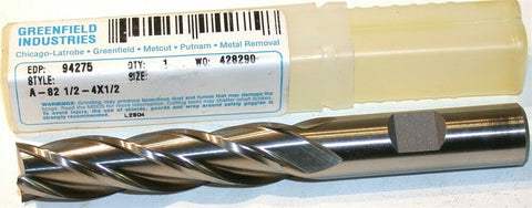 Greenfield Putnam 1/2" Diameter 1/2" Shank X Long 4 Flute HSS End Mill 94275 New