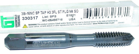 Greenfield 3/8"-16 H3 3-Flute Spiral point High Speed Steel Plug Tap 330317 New