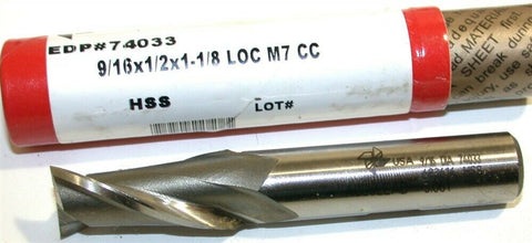 Brubaker 9/16" Diameter 1/2" Shank 2 Flute HSS End Mill 74033 New