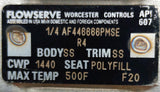 Worcester Controls AF446666PMSE 1/4" Flowserve Stainless Ball Valve 500°F Max