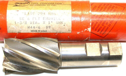 Brubaker 1 3/8" Diameter 1" Shank 6 Flute HSS End Mill 79479 New