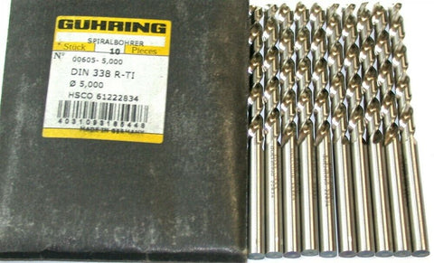 Lot of 10 New Guhring 2-Flute 5mm Diameter Drills 00605-5.000