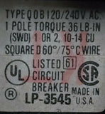 Square D QOB120 1 Pole Circuit Breaker 20A 120/240VAC 50/60HZ; Bolt On