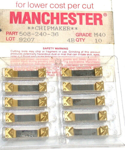 Lot of 10 New Manchester 1/4' x 1" TiN Coat Grooving Carbide Inserts 508-240-36