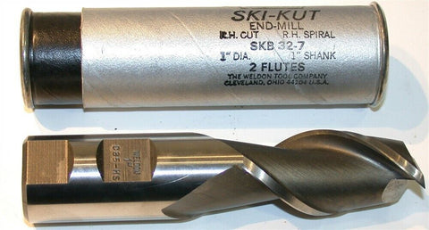 Weldon Ski-Kut 1" diameter 1" Shank 2 Flute HSS Spiral End Mill SKB 32-7 New