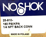 NoShok 25-910-160 Liquid Filled Pressure Gauge 160 PSI 1/4" NPT Back Mount