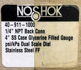 NoShok 40-911-1000 Glycerine Filled Pressure Gauge 1000 PSI 1/4" NPT Back Mount