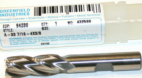 Greenfield Putnam 7/16" Diameter 3/8" Shank 4 Flute HSS End Mill 94230 New