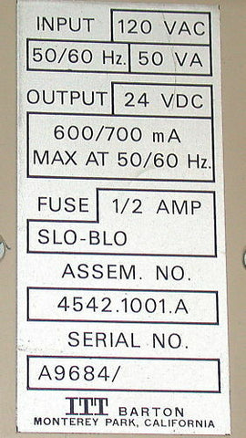 ITT BARTON 24 VDC POWER SUPPLY 50 VA  MODEL 4542.1001.A