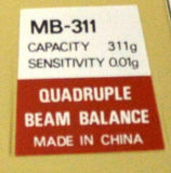 QUADRUPLE BEAM BALANCE MB-311 SCALE 311 GRAM CAPACITY 0.01 GRAM SENSITIVITY