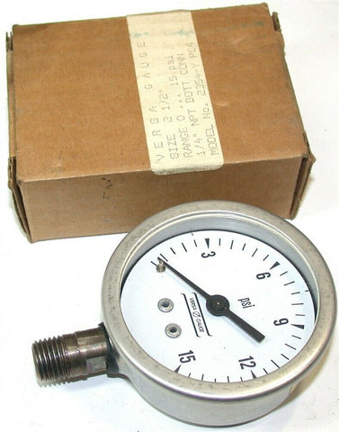 Versa Gauge 1/4" NPT 2 1/2" 0-15psi Pressure Gauge 2354-Y PC4 NIB