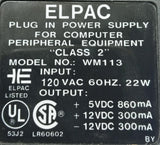 ELPAC WM113 Plug-In Computer Peripheral Power Supply CL. 2 120VAC 60HZ 22W