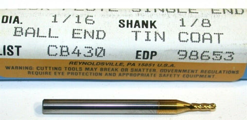 Niagara Carbide 1/16 Diameter 1/8 Shank 4 Flute TiN Coat Ball End Mill 98653 New